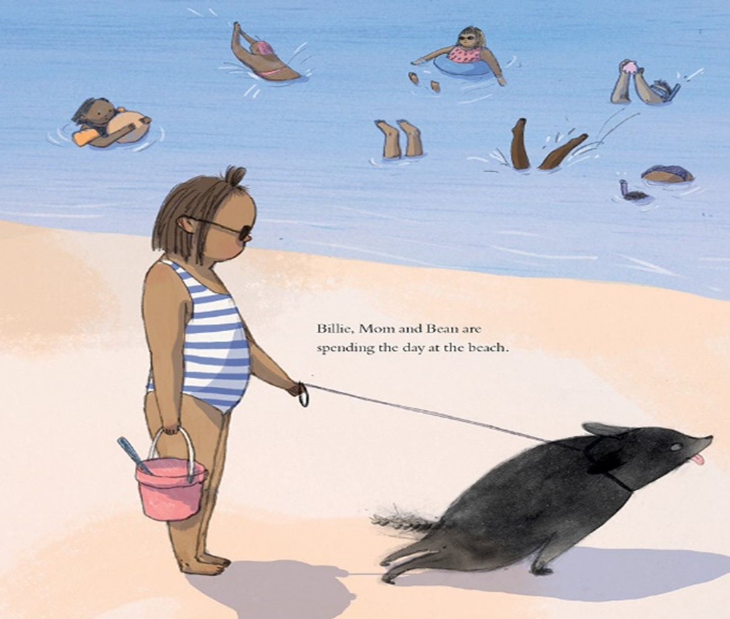 Picture of a page from the book with the text "Billie, Mom and Bean are spending the day at the beach."