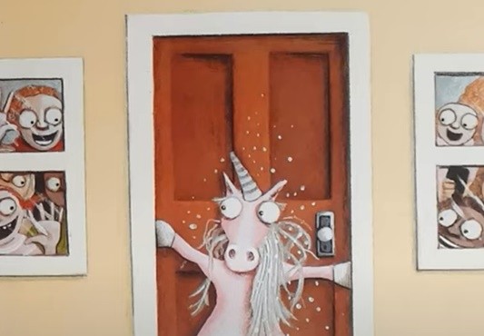 An illustration from Thelma the Unicorn: Thelma stands against a closed door.
