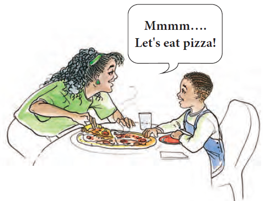 parent and child eating pizza, parent is saying "mmm let's eat pizza!"