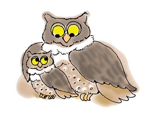 illustration of two owls - one an adult and one a baby